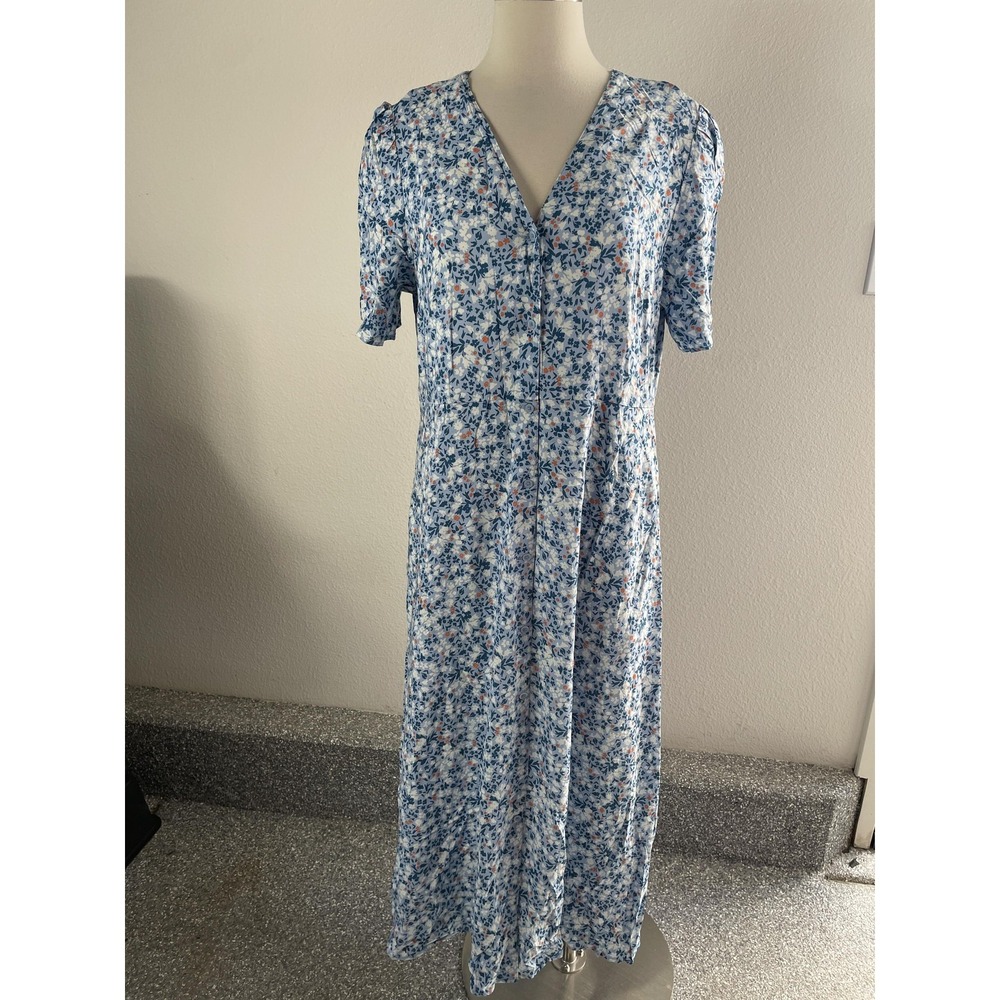 NEW Uniqlo Dress Womens Large Blue Floral V Neck Short Sleeve Flare Midi Pockets